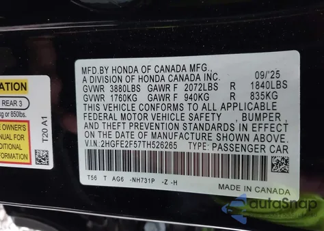 2026 Honda Civic Sport z USA, uszkodzony, nr VIN 2HGFE2F57TH526265